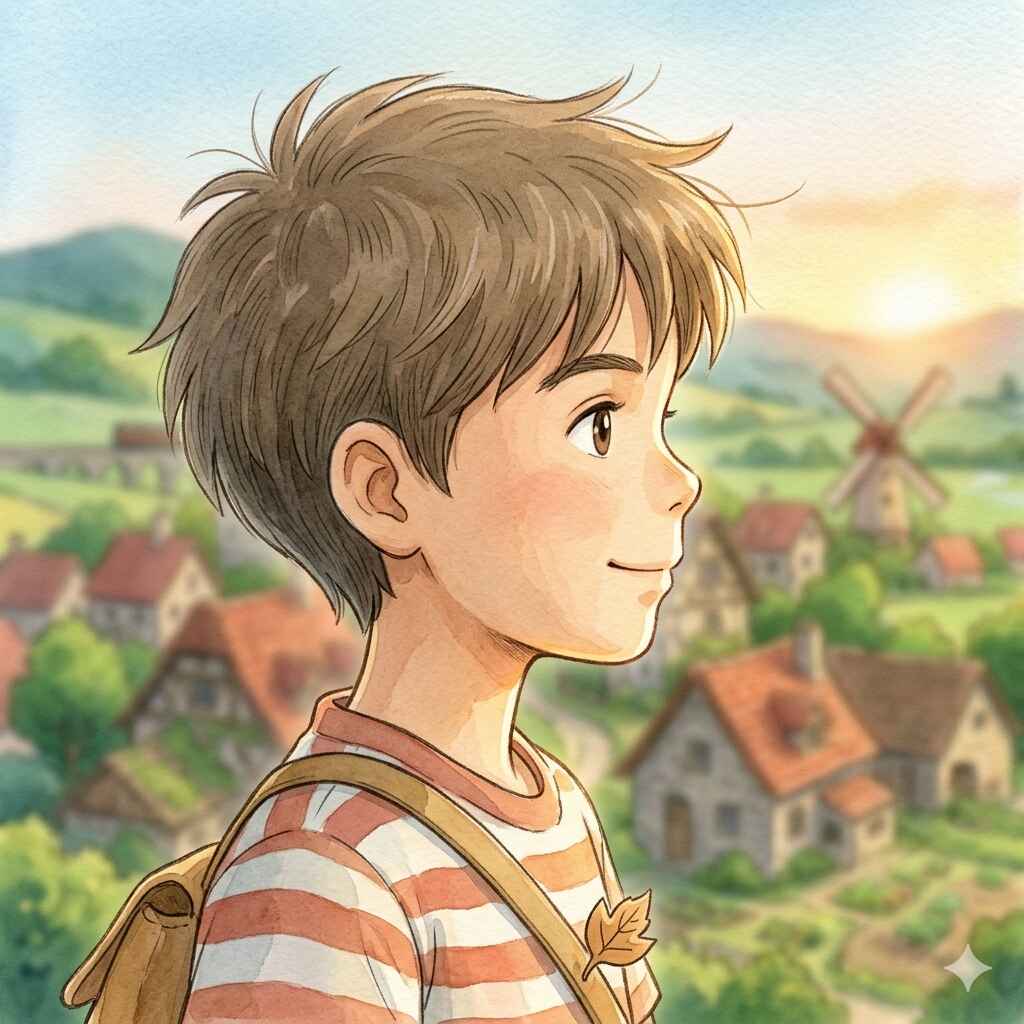 Um personagem de perfil no estilo do studio ghibli com cenário de cidade do interior no fundo.